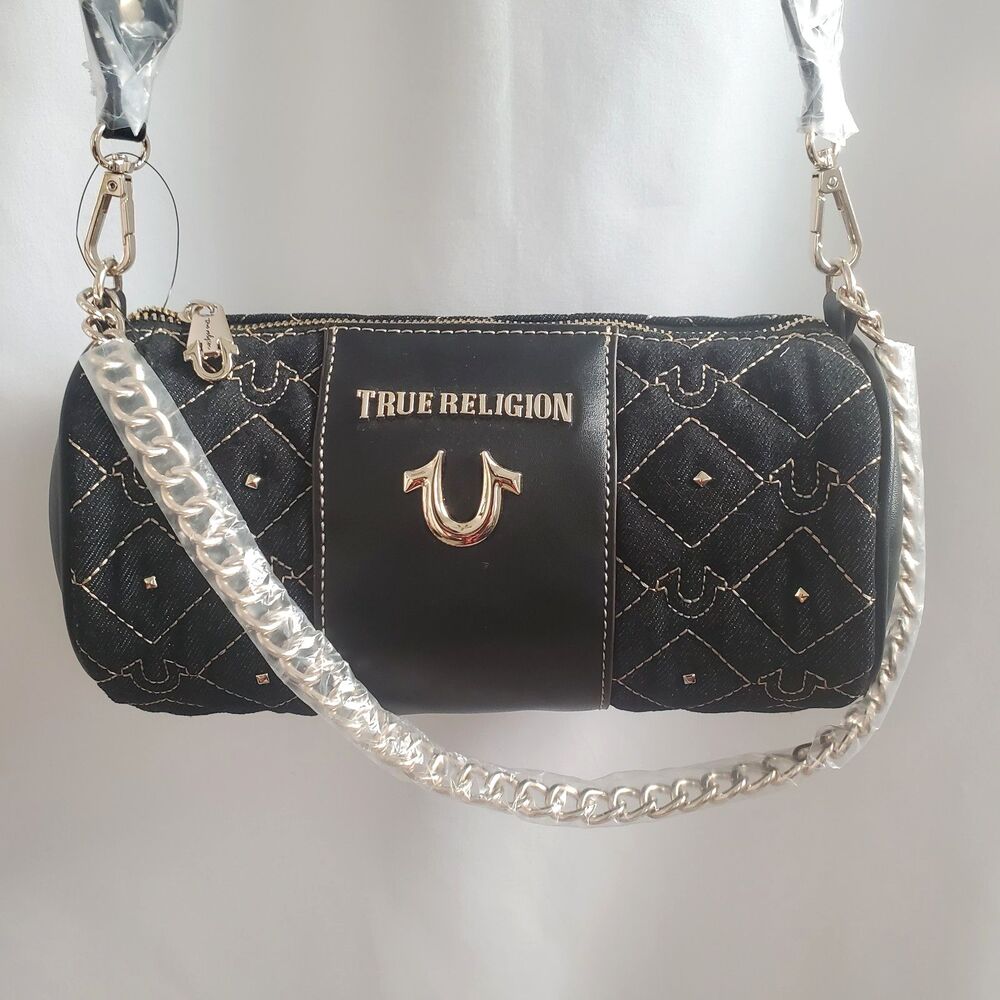 NWT True Religion Studded Barrel Bag Black Denim Quilted Crossbody Chain Strap